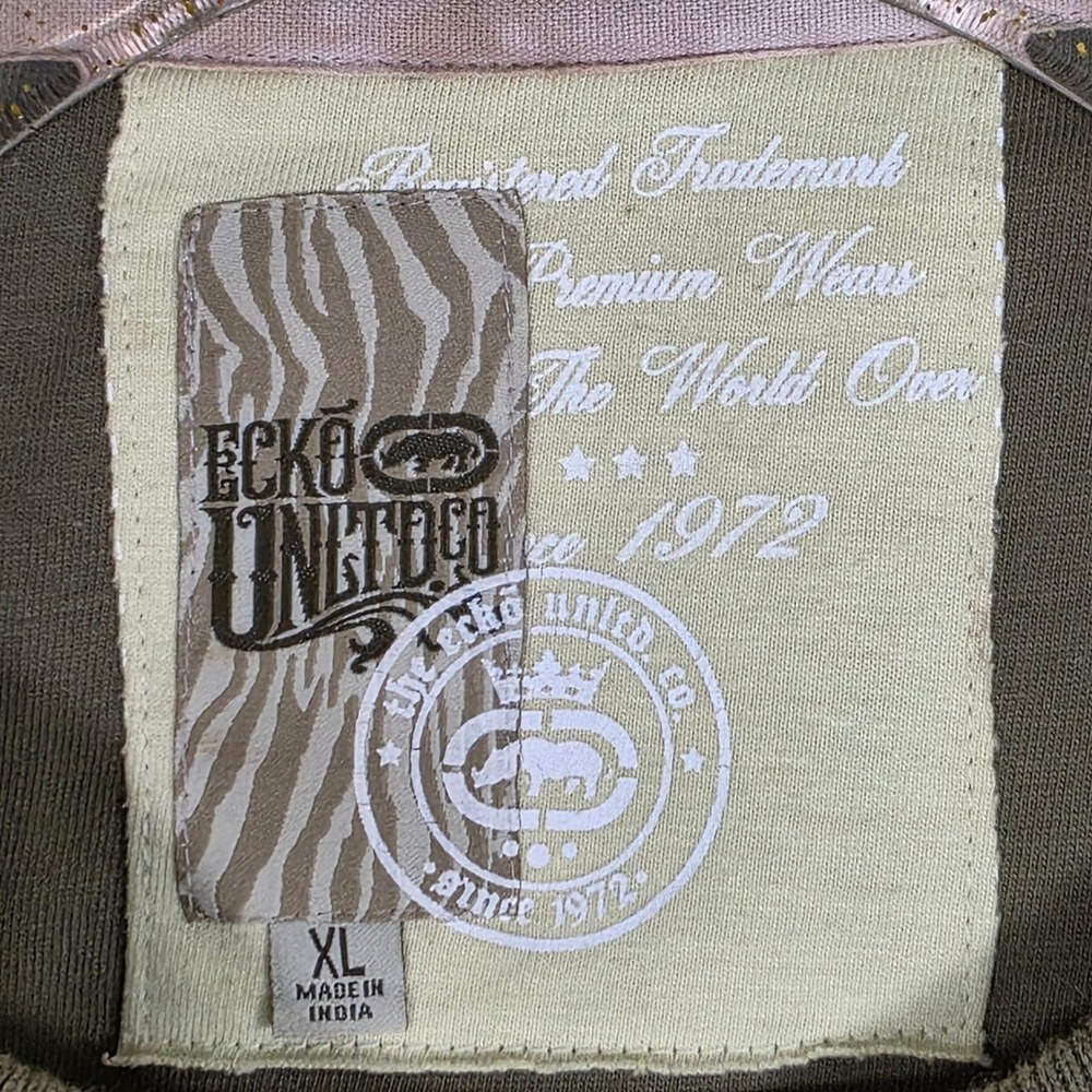 Ecko Unltd Mens XL Olive Green Sequin Tiger Rhino Graphic T-Shirt Y2K Streetwear - Picture 3 of 9
